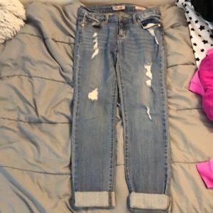 Low rise, straight leg, ripped, light wash jean